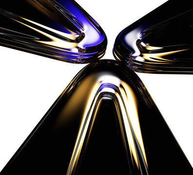 Abstract neon glass curve lines, reflections dark blue and bright gold on liquid surfaces, translucent gradient shapes on black render background. Modern 3D graphics, high tech design