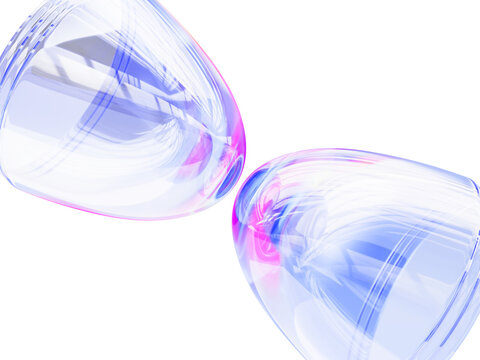 Abstract 3d background of futuristic glass bullets with holographic neon gradient. Collision poster, modern tech banner with blue pink chromatic aberration and liquid refractions