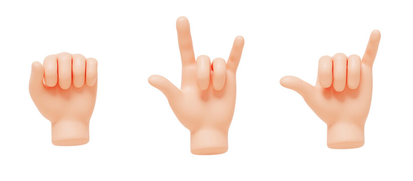 Hand gesture 3d icon set - raised fist, rock, call me or shaka sign. Symbol of solidarity, resistance, metal music, aloha spirit, love. Cartoon elements isolated on white background