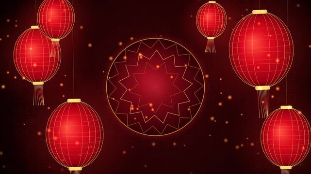 Red chinese lanterns with golden circle pattern on dark background for lunar new year celebration and oriental festive design 4k Motion Video