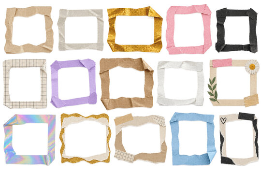 Collection of torn paper photo frames, rustic adhesive tape and craft paper borders on isolated transparent background for creative scrapbook design and digital collages