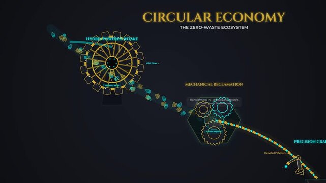 An animated infographic illustrating a circular economy and zero-waste ecosystem, featuring hydropower intake, mechanical reclamation of plastic waste, and precision crafting with recycled polymers
