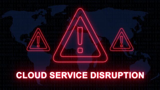 Global cloud service disruption alert with neon warning triangles and digital map background, for cybersecurity, network, failure, data breach, server outage, 