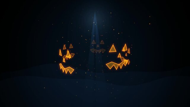 Glowing orange jack o lantern faces made of triangle shapes in a dark spooky night with floating particles for a halloween celebration background or festive banner design 4k Motion Video