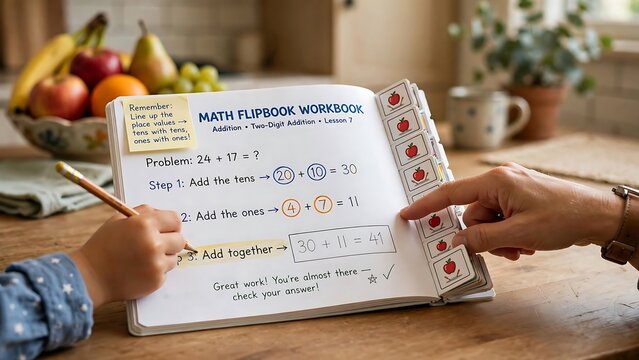 A child's hand writes in an educational math flipbook workbook, learning two-digit addition with guidance from an adult.