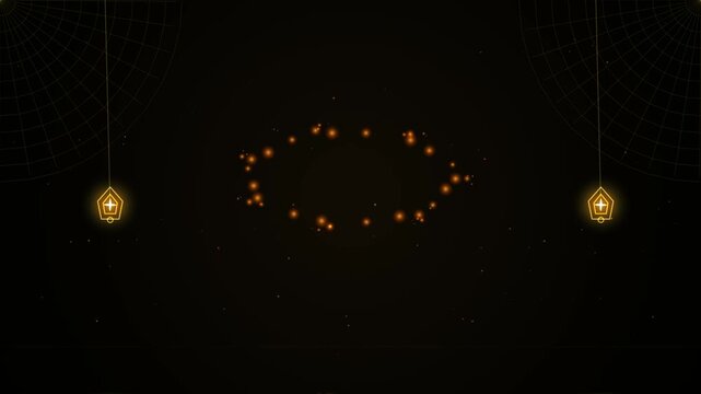 Two glowing lanterns hanging on thin strings with a circle of floating golden sparkles in a dark night background for ramadan and islamic holiday celebration design 4k Motion Video