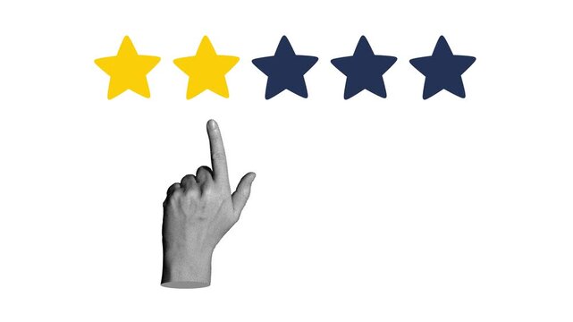 A hand with an extended index finger points at a row of stars, four colored yellow and one left dark, on a white background, halftone pop art loop animation, rating concept.