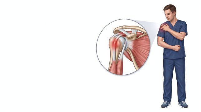 Medical illustration shows a man in scrubs with shoulder pain and an anatomical view of rotator cuff injury