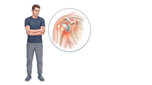 Man with crossed arms showing detailed anatomical illustration of painful shoulder joint