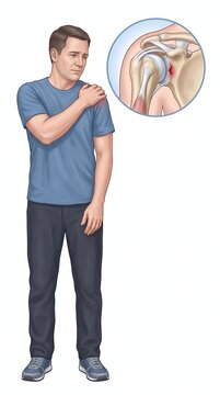 Man experiencing shoulder pain with an anatomical inset illustrating rotator cuff injury