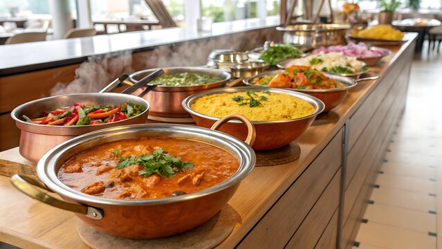 Assorted Indian curry dishes served in traditional copper bowls on a buffet table