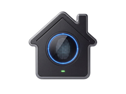 Transparent house shaped biometric fingerprint scanner cutout with glowing blue reader and green status light. Modern residential security access control system for smart real estate property.