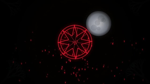 Glowing red magic star symbol with a bright full moon in a dark night sky with floating sparkles for fantasy and occult themes 4k Motion Video