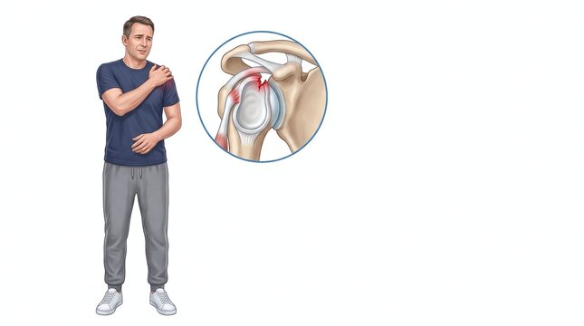 Man clutching shoulder indicating pain with anatomical illustration of rotator cuff tear