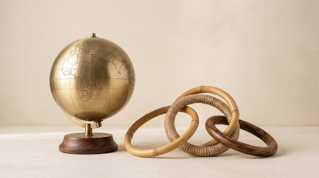 A brass globe sculpture sits beside decorative wooden