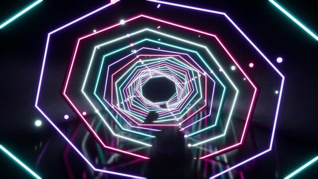 Neon Tunnel Loop with Glowing Geometric Light Ring and Colorful Abstract Lines Creating Futuristic Immersive Passage, Polygon Depth, and Atmospheric Silhouette in Darkness
