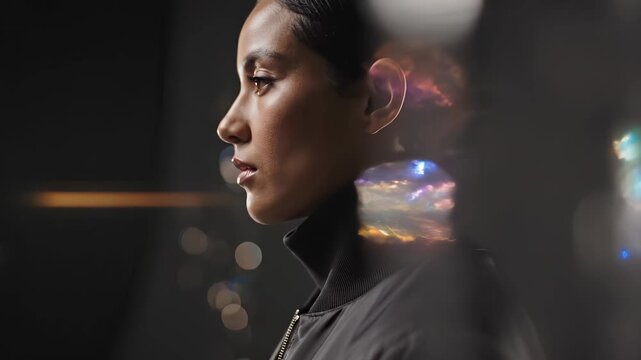 Young woman wears dark jacket in dark room. Colorful light flare crosses face. Beautiful profile shows serious looking woman. Black zip jacket has high collar. Bokeh light shines behind profile.