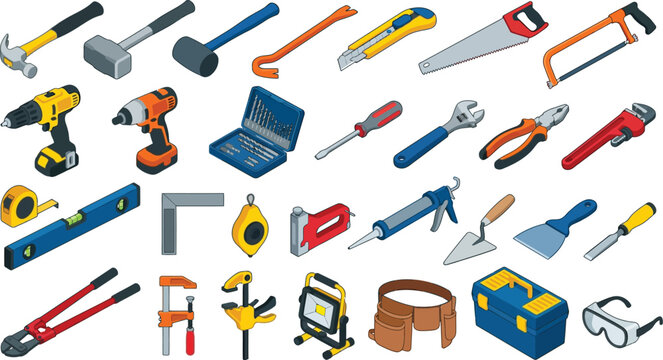 Assorted hand tools and power equipment arranged on a white background vector illustration
