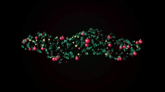 Christmas holiday decoration with red ornaments and green pine branches forming a festive garland banner on a dark background 4k Motion Video
