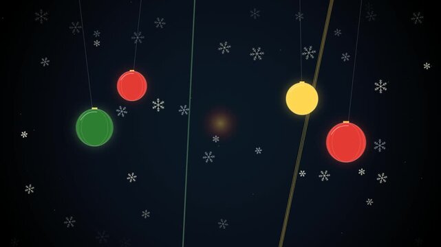 Colorful christmas balls hanging with falling snowflakes on a dark background for holiday greeting card design and festive winter celebration background decoration pattern 4k Motion Video