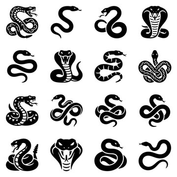 Collection of Stylized Snake Illustrations in Black and White.
