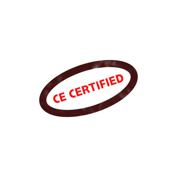 CE Certified rubber stamp illustration, red certified mark in oval frame, quality assurance seal for product packaging and compliance