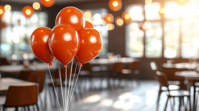 Orange balloon cluster, glossy surface, floating in modern cafe interior, sunlight streaming through windows, festive and cheerful atmosphere, shallow depth of field, hyper realistic style
