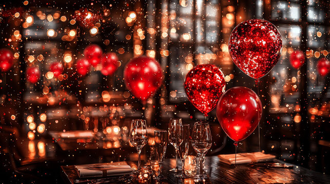 Red balloon cluster sparkling lights romantic restaurant elegant table setting festive atmosphere celebration evening glassware cozy joyful mood