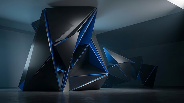 Abstract geometric structure with blue glowing lights inside a dark industrial room with reflective floor surfaces