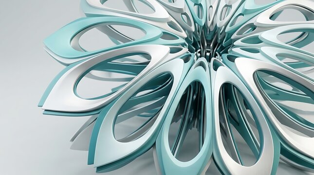 Abstract 3d render of a metallic flower shape with reflective surfaces and intricate geometric petal patterns