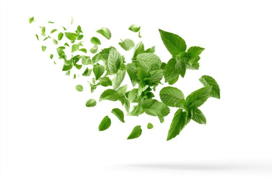 Fresh green mint leaves scattered dynamically on a white background, highlighting their vibrant color and texture.