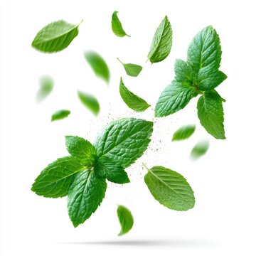 Fresh green mint leaves floating against a white background, showcasing their textured surfaces and vibrant color.