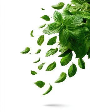 Fresh green mint leaves appear to be floating and dispersing against a white background.