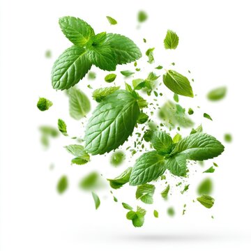 Fresh green mint leaves appear to be floating and breaking apart against a white background.