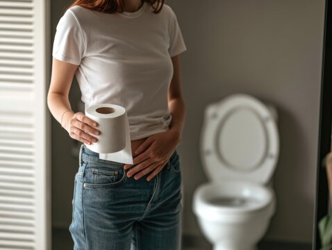 A person in casual clothes holds toilet paper while standing near a toilet, suggesting urgency or a need for restroom use.