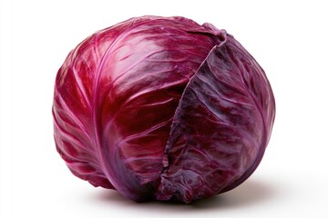 Obraz premium A fresh, whole red cabbage with deep purple leaves and a smooth texture isolated on a white background.