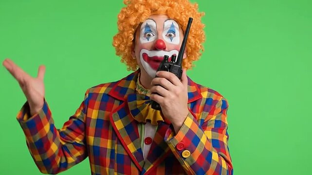 Funny clown talking on walkie talkie against green screen