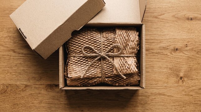 Open box with eco-friendly honeycomb wrap and twine on wooden table