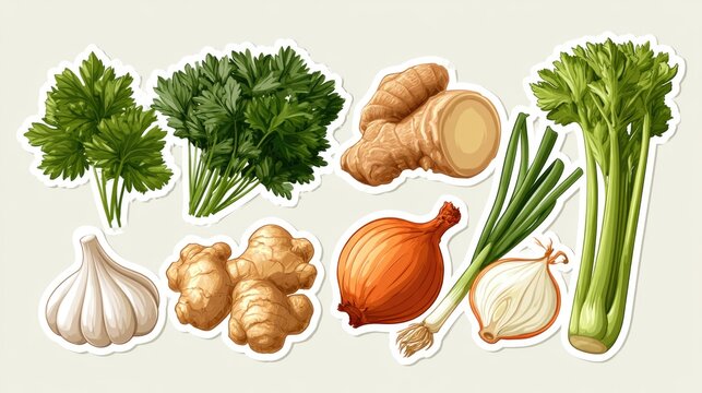 Illustration of various fresh herbs and vegetables including parsley, ginger, onion, garlic, celery, and green onion on a light background.