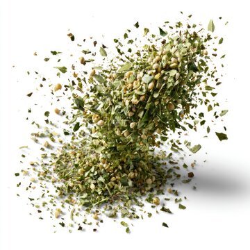 A dynamic splash of mixed dried herbs and spices captured mid-air on a white background, showcasing texture and natural ingredients.