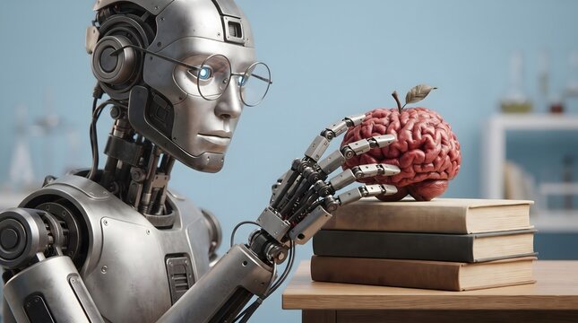 An intelligent humanoid robot wearing glasses examines a brain-shaped apple resting on a stack of books on a desk.