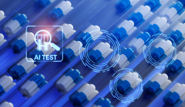 Blue and white capsule on pharmacy factory with AI technology assistant for monitoring and control quality