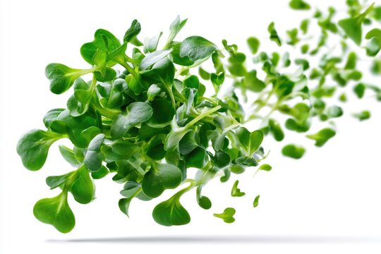 Fresh green microgreens floating on a white background, showcasing their vibrant, leafy texture and healthy appearance.