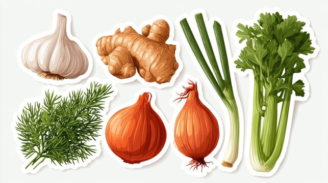Illustration of various fresh herbs and vegetables including garlic, ginger, dill, onions, green onions, and celery on a white background.