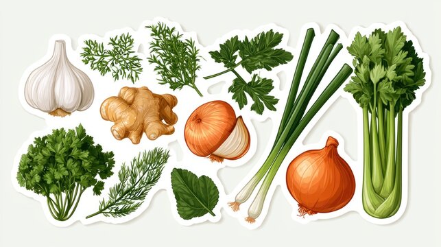 Illustration of various fresh herbs and vegetables including garlic, ginger, onions, celery, and leafy greens on a light background.