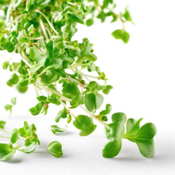Fresh, vibrant green microgreens with delicate leaves and stems isolated on a white background, highlighting their fresh and healthy appearance.