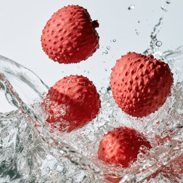 Four red lychee fruits splash into clear water with dynamic droplets frozen mid-air against a white background.