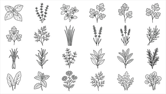 Minimalist black line art herb and botanical element vector icon set on white background