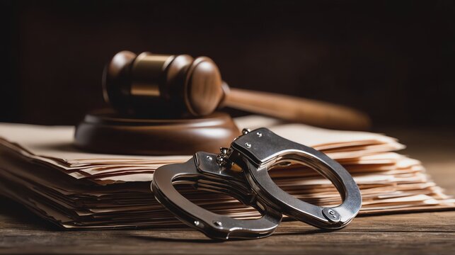 Justice system tools: handcuffs and gavel.