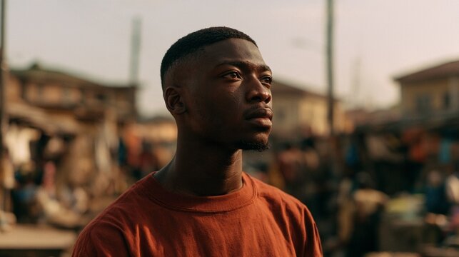 young Nigerian adult pauses thoughtfully in a realistic urban Nigerian community environment, reflecting on changes in their behavior and daily life.